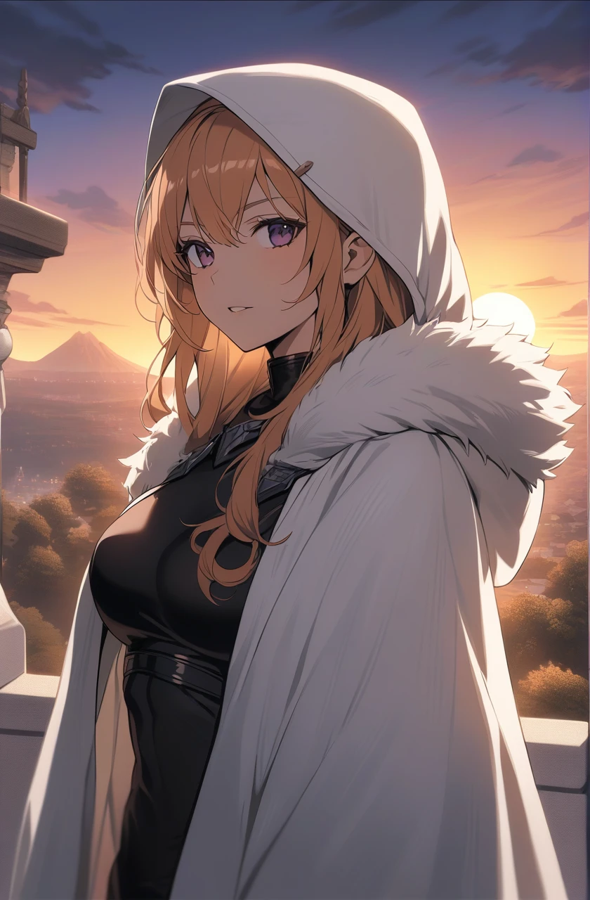 Pretty woman with long strawberry blonde hair, Dark magenta eyes, and lean muscles, small scar on her right cheek, wearing long white cloak that's open with fur on the hood, and black clothes underneath, assassin like clothing, sunset in the background, fantasy setting, adult woman
