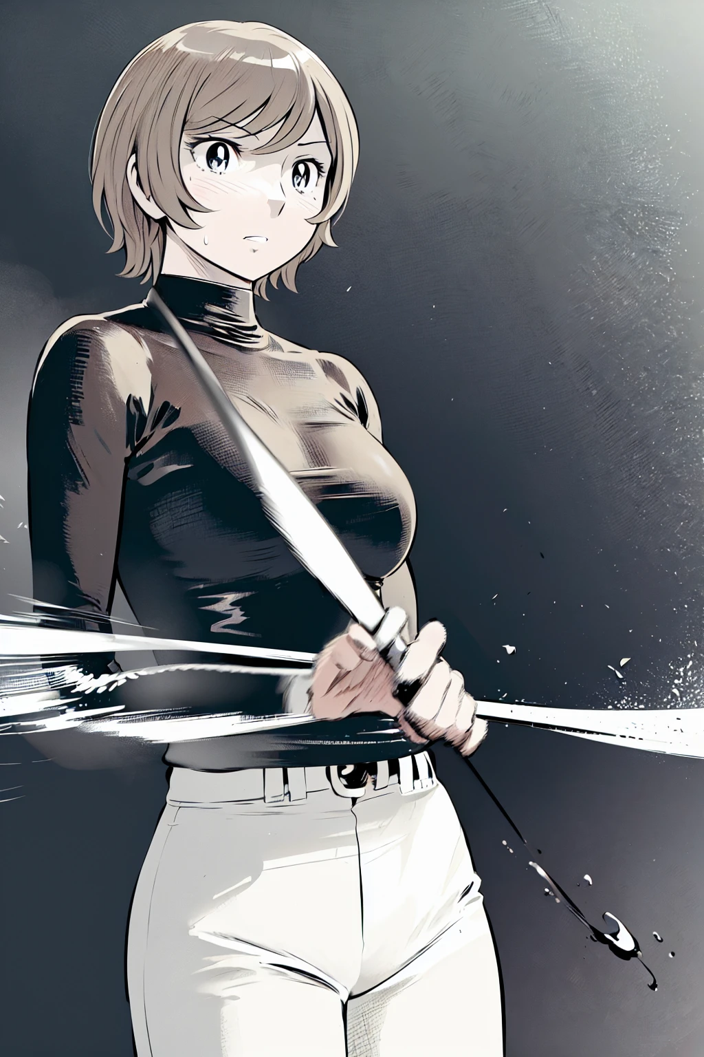 (野球uniform:1.2),
Blonde, (short hair:1.2),Long sleeve, Black Shirt, turtleneck,White trousers、uniform、Black belt、((Illustration of a person))、big 、
View your viewers,, (Highest quality:1.3),One Girl, White pants、uniform、Outdoor、baseball ground、ground、soil、blue eyes、Tight black shirt、(masterpiece、Highest quality)、Highest quality, Ultra-high resolution, (((masterpiece))), alone, Sweat、big eyes、big Breasts、One Girl, Front view、Embarrassed face、Bronze colored hair、((short hair))、Stand up straight、Cowboy Shot