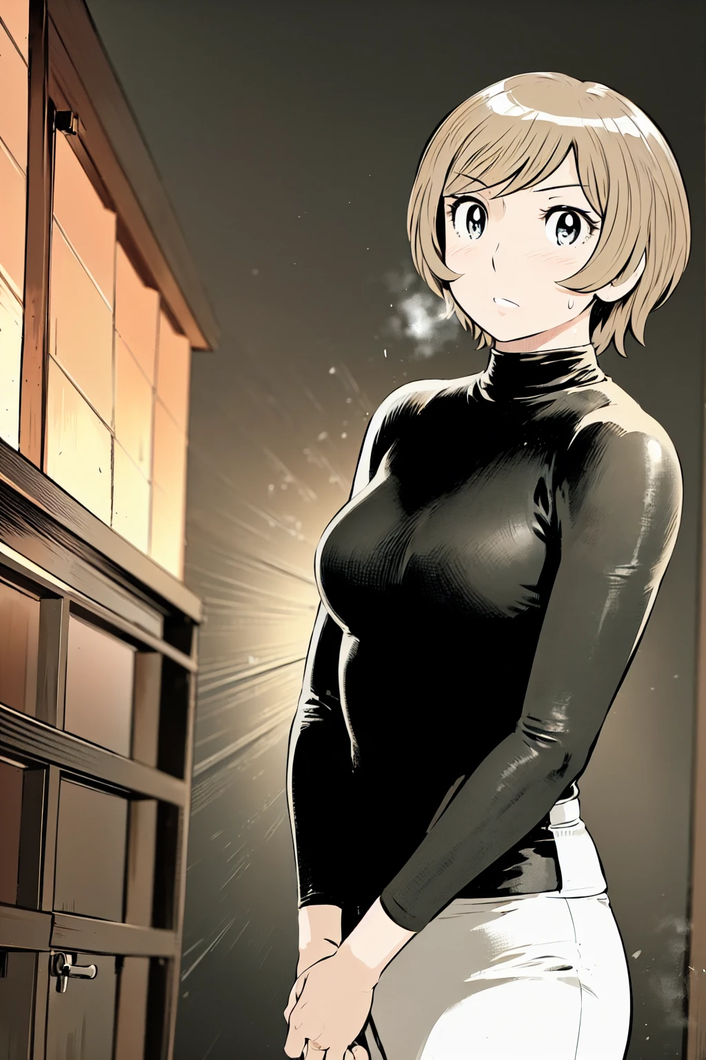 (野球uniform:1.2),
Blonde, (short hair:1.2),Long sleeve, Black Shirt, turtleneck,White trousers、uniform、Black belt、((Illustration of a person))、big 、
View your viewers,, (Highest quality:1.3),One Girl, White pants、uniform、Outdoor、baseball ground、ground、soil、blue eyes、Tight black shirt、(masterpiece、Highest quality)、Highest quality, Ultra-high resolution, (((masterpiece))), alone, Sweat、big eyes、big Breasts、One Girl, Front view、Embarrassed face、Bronze colored hair、((short hair))、Stand up straight、Cowboy Shot