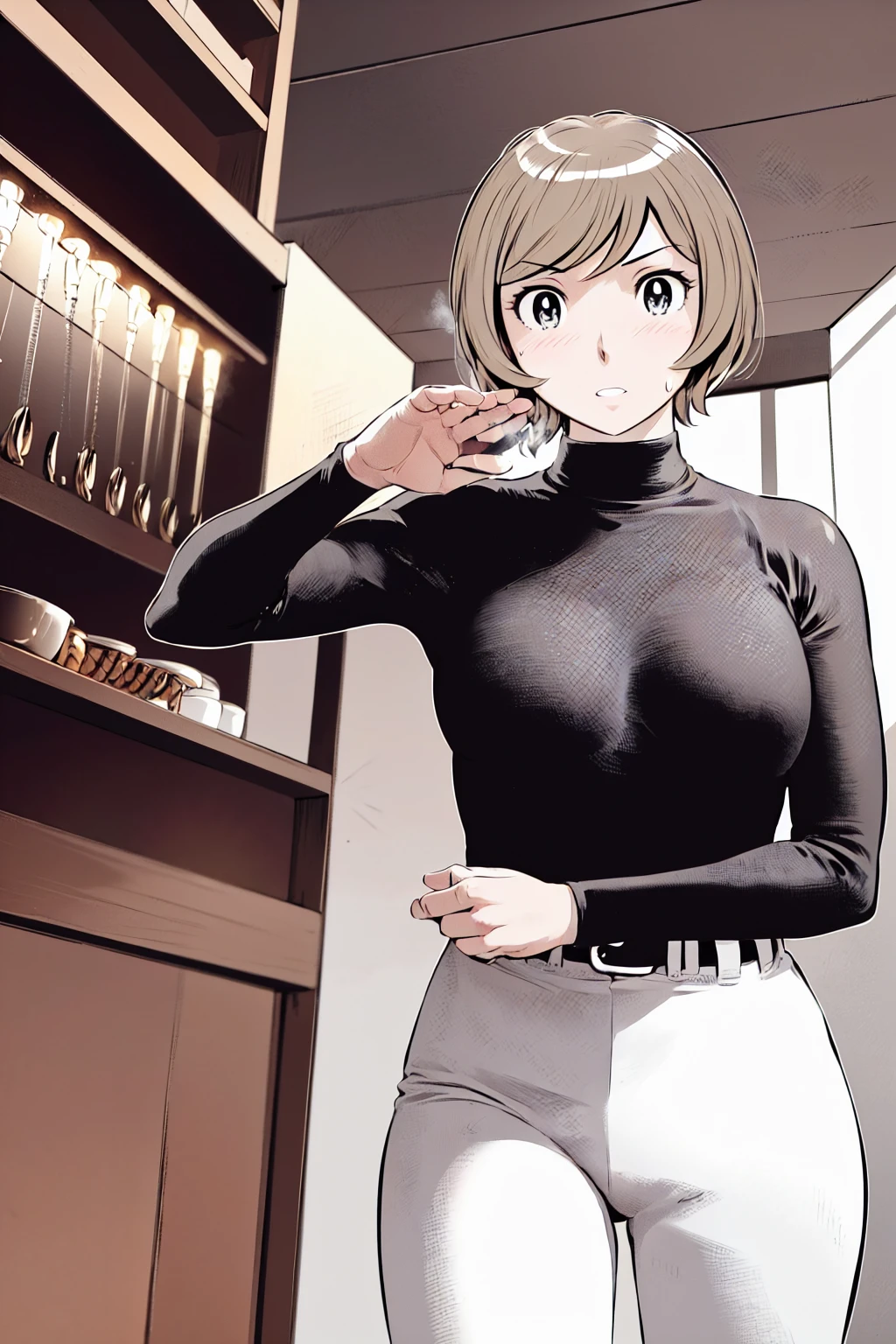 (野球uniform:1.2),
Blonde, (short hair:1.2),Long sleeve, Black Shirt, turtleneck,White trousers、uniform、Black belt、((Illustration of a person))、big 、
View your viewers,, (Highest quality:1.3),One Girl, White pants、uniform、Outdoor、baseball ground、ground、soil、blue eyes、Tight black shirt、(masterpiece、Highest quality)、Highest quality, Ultra-high resolution, (((masterpiece))), alone, Sweat、big eyes、big Breasts、One Girl, Front view、Embarrassed face、Bronze colored hair、((short hair))、Stand up straight、Cowboy Shot
