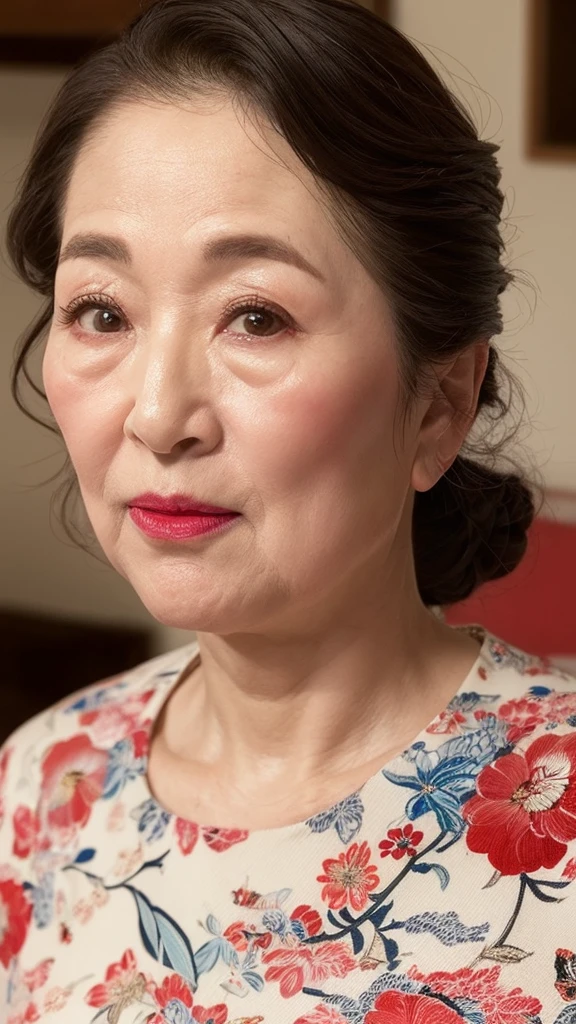 Face close-up, Japanese painting, senior citizen, Draw lips correctly, Red lipstick, No discomfort, 16K, Highest quality, Very detailed, Realistic, Very detailed肌, (Japanese), (alone), 100 years old, Large Breasts, Mature Housewife, Glamour, sexy, Chromo White Skin, Staring straight ahead,