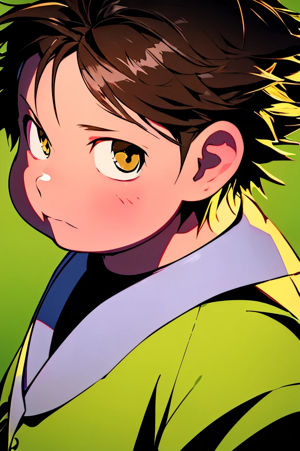 a painting portrait of cute boy wearing ninja clothes in manhwa style, [Haruyuki Arita] is a kid boy from [Accel World] that has brown short hair in spiky hair style and black eyes close angle, overweight!! teenager, 134 cm (4'4"), 56 kg, dark atmosphere, high definition, masterpiece, best quality, high detail, grain filter, 13 years old, fat