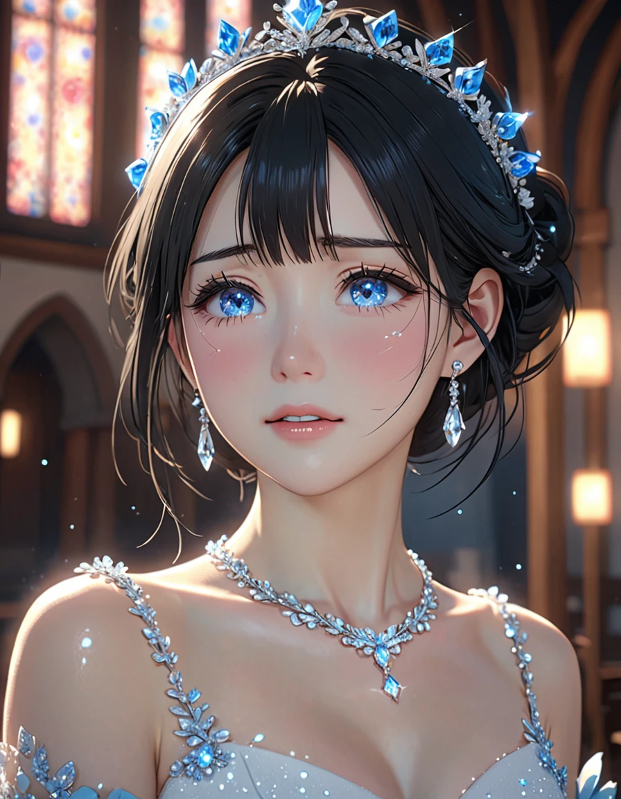 National Science Foundation,masterpiece,High resolution,8K,16K,Highest quality,art,refer to,3D,Kyoto Animation Style,Your Name movie style,To the camera,Soft Light,Glowing Skin,(1 female: 1.3),(alone: 1.4),(((Black Hair))),(nice,Sparkling Wedding Dress),Swarovski crystals on gorgeous wedding dress,crystal crown,crystal necklace,crystal earrings,Long eyelashes,Thin legs,Short Bob,Bouquet of blue roses in hand,close of upper body,close,Close-up,In a quaint church,Starry Eyes,Fine and beautiful eyes,(((Pale blue eyes))),Blushed,shy,shy,Open your mouth,(((cry))),(((Tears)))