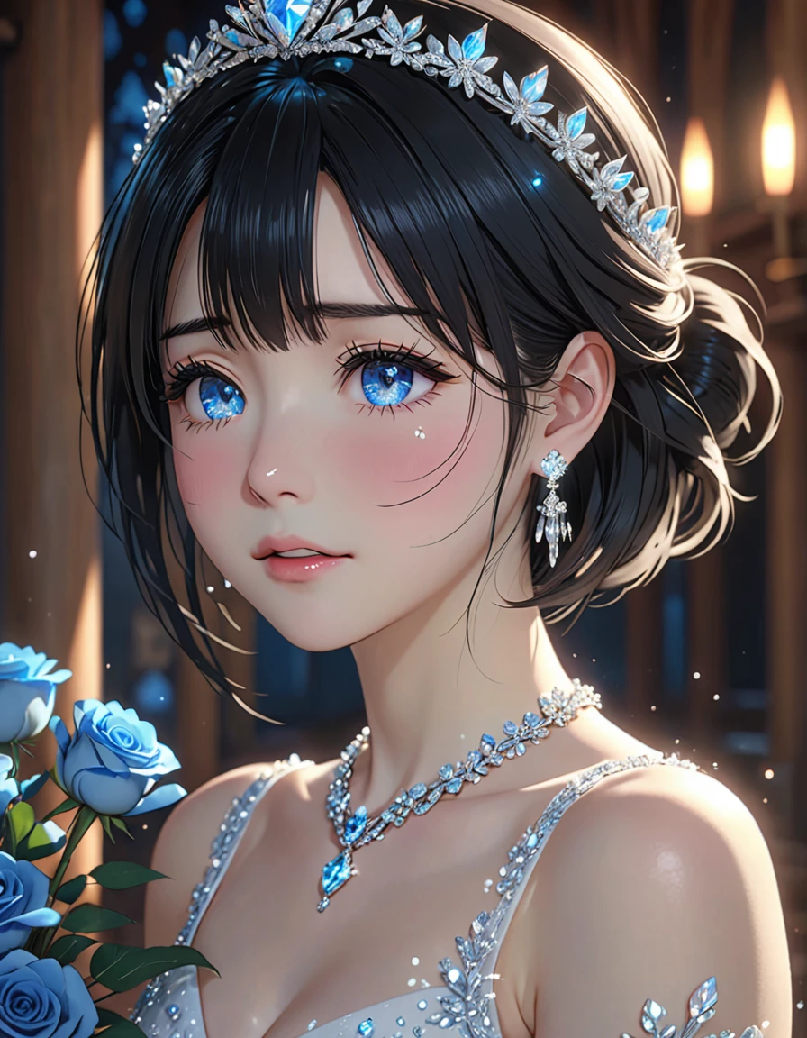 National Science Foundation,masterpiece,High resolution,8K,16K,Highest quality,art,refer to,3D,Kyoto Animation Style,Your Name movie style,To the camera,Soft Light,Glowing Skin,(1 female: 1.3),(alone: 1.4),(((Black Hair))),(nice,Sparkling Wedding Dress),Swarovski crystals on gorgeous wedding dress,crystal crown,crystal necklace,crystal earrings,Long eyelashes,Thin legs,Short Bob,Bouquet of blue roses in hand,close of upper body,close,Close-up,In a quaint church,Starry Eyes,Fine and beautiful eyes,(((Pale blue eyes))),Blushed,shy,shy,Open your mouth,(((cry))),(((Tears)))
