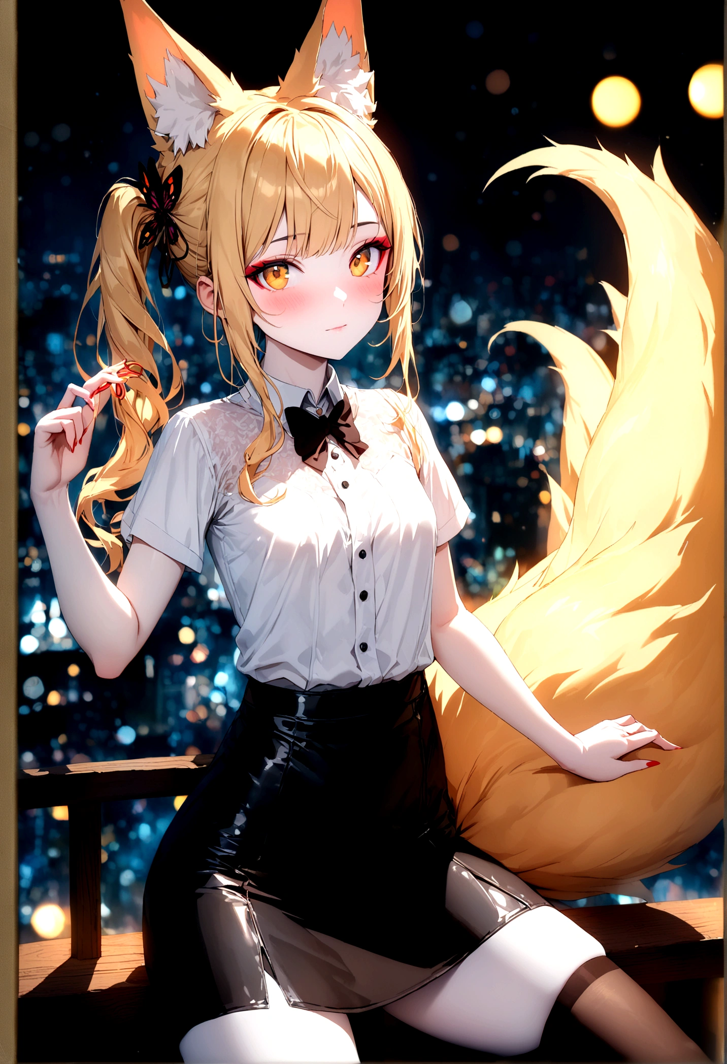 junior,beautiful Finger,beautiful 긴 legs,beautiful body,beautiful Nose,beautiful character design, perfect eye, perfect face,expressive eye,perfect balance, looking at viewer,(Focus on her face),closed mouth, (chaste_big_eye:1.0),(light_laugh:0.3), official art,very detailed CG Unity 8k 벽지, perfect lighting,fancy, bright_front_face_lighting,White skin, (masterpiece:1.0),(best_quality:1.0), ultra high resolution,4K,very detailed, photography, 8 thousand, HDR, mackerel, absurd:1.2, Kodak Portrait 400, film grain, blurred background, bokeh:1.2, lens flare, (vibrant_color:1.2),professional photography, (beautiful,small breasts), (beautiful_face:1.5),(small_waist),black stockings, blonde ,long hair, side ponytail(right_butterfly hair tie), elegant, (fox ears),nine tailed fox tail, red eyeshadow, 금색 eye동자, femur,漏出femur,white shirt, black pencil skirt, city background,night
