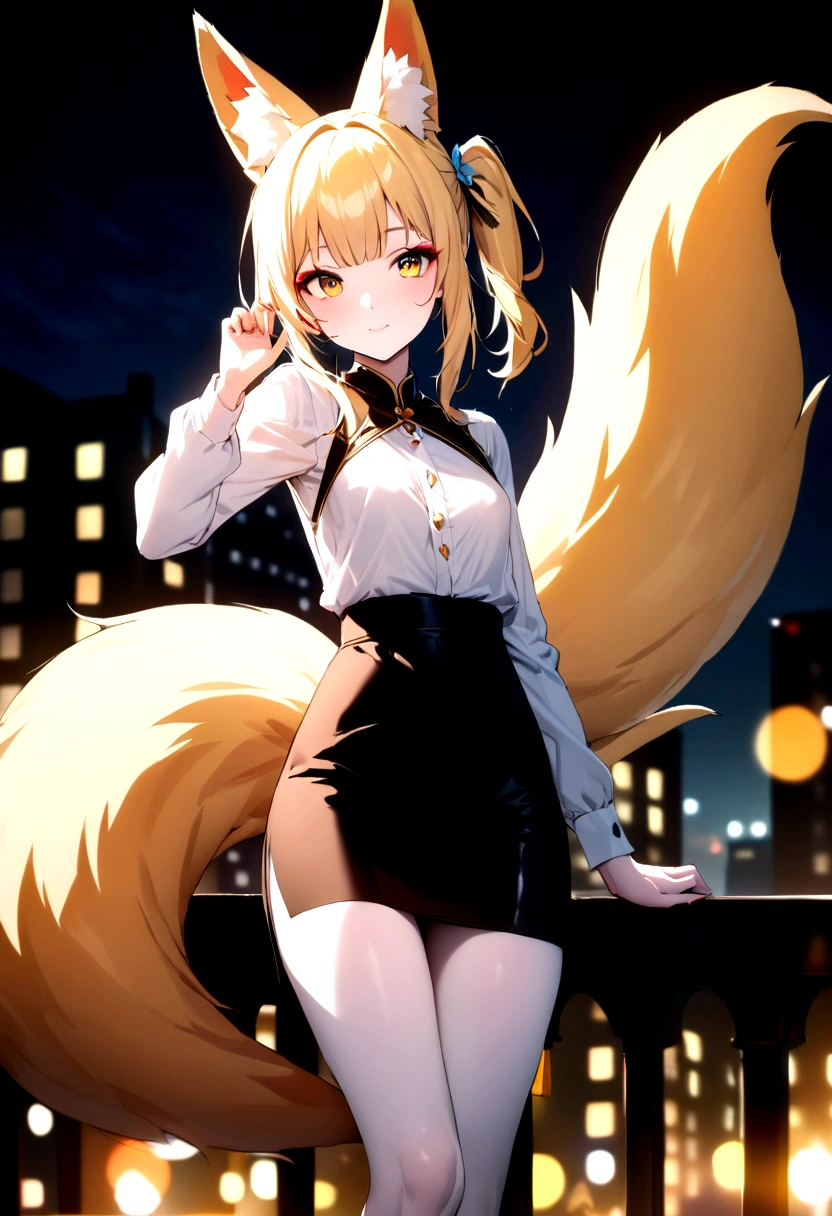 junior,beautiful Finger,beautiful 긴 legs,beautiful body,beautiful Nose,beautiful character design, perfect eye, perfect face,expressive eye,perfect balance, looking at viewer,(Focus on her face),closed mouth, (chaste_big_eye:1.0),(light_laugh:0.3), official art,very detailed CG Unity 8k 벽지, perfect lighting,fancy, bright_front_face_lighting,White skin, (masterpiece:1.0),(best_quality:1.0), ultra high resolution,4K,very detailed, photography, 8 thousand, HDR, mackerel, absurd:1.2, Kodak Portrait 400, film grain, blurred background, bokeh:1.2, lens flare, (vibrant_color:1.2),professional photography, (beautiful,small breasts), (beautiful_face:1.5),(small_waist),black stockings, blonde ,long hair, side ponytail(right_butterfly hair tie), elegant, (fox ears),nine tailed fox tail, red eyeshadow, 금색 eye동자, femur,漏出femur,white shirt, black pencil skirt, city background,night