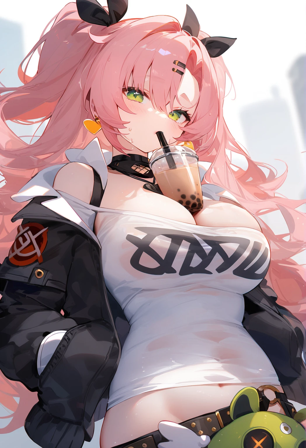 Pink Hair,Green eyes,drinking milktea,White T-shirt