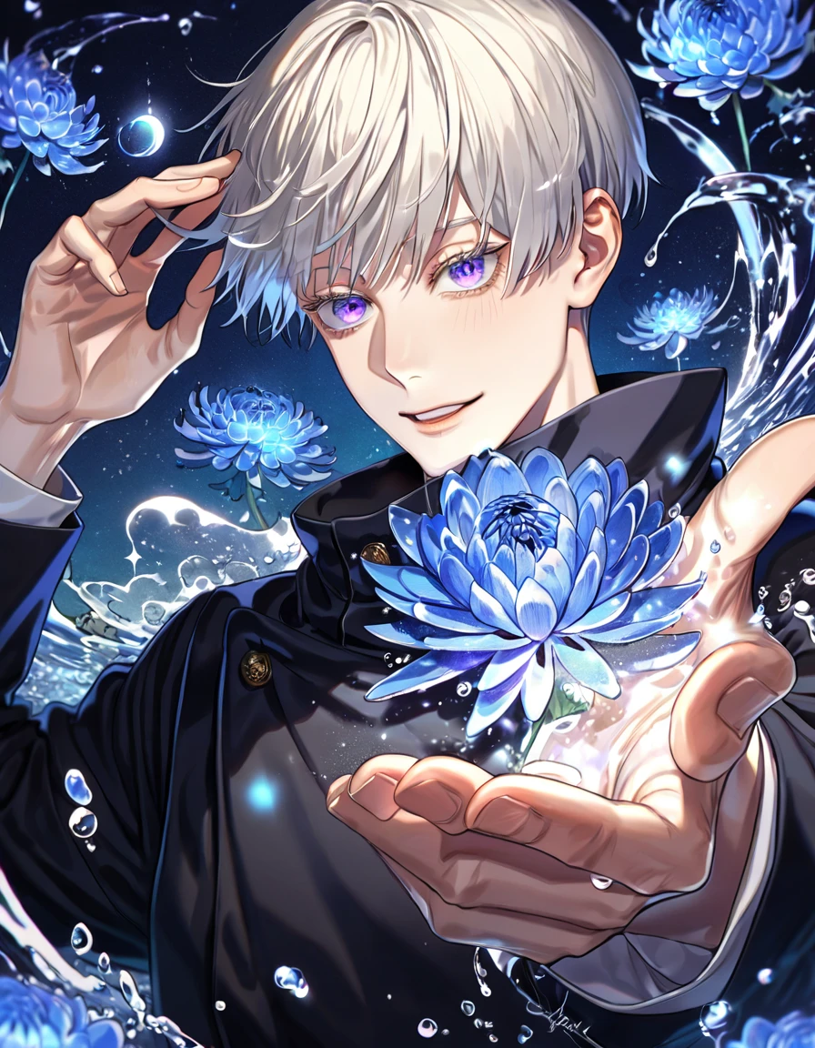 absurdres, highres, ultra detailed, HDR, master piece, best quality, extremely detailed, Inumaki Toge, platinum blonde hair, expressive purple eyes, Jujutsu Kaisen, solo, sexy man, handsome, handsome smile, black uniform with high collar, fantasy, water, sparkling, blue glittering fireflies, blue moon, blue blossoms, blue chrysanthemums, blue sparkling lights, starry sky