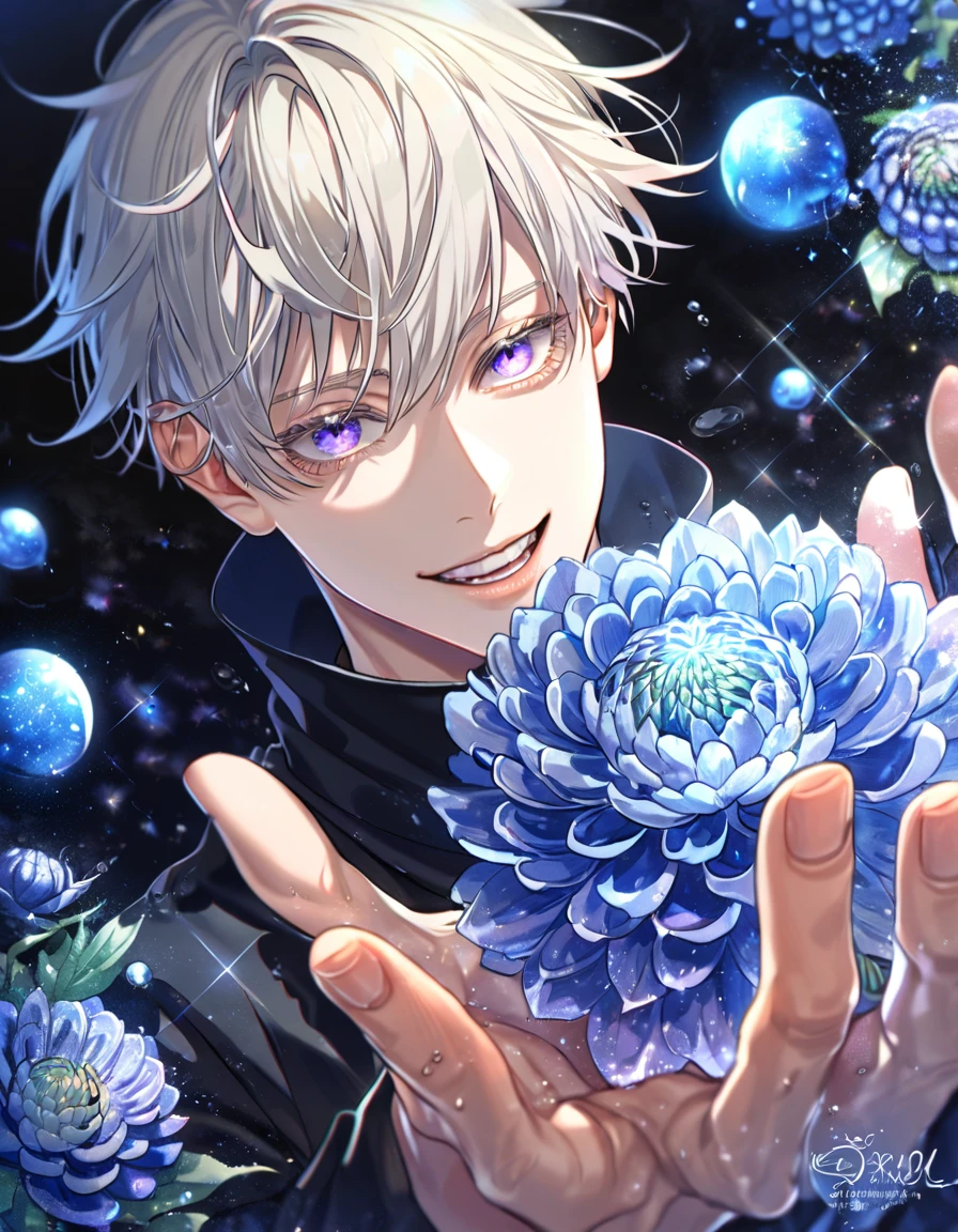 absurdres, highres, ultra detailed, HDR, master piece, best quality, extremely detailed, Inumaki Toge, platinum blonde hair, expressive purple eyes, Jujutsu Kaisen, solo, sexy man, handsome, handsome smile, black uniform with high collar, fantasy, water, sparkling, blue glittering fireflies, blue moon, blue blossoms, blue chrysanthemums, blue sparkling lights, starry sky