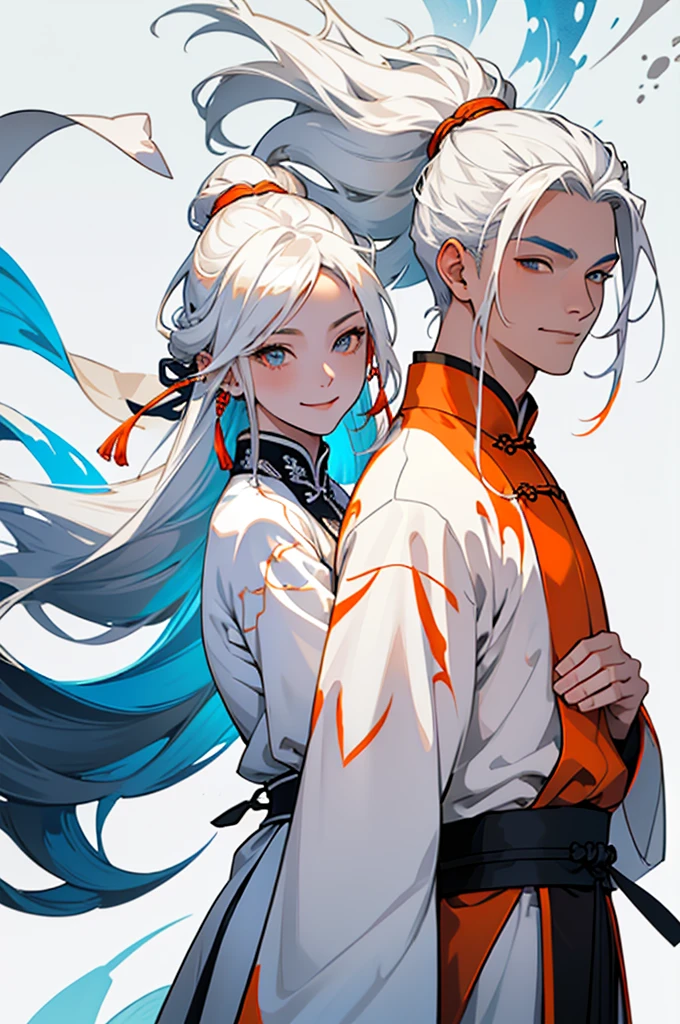 high quality , one white hair girl and one white hair boy, long hair, wuxia character, ((white clothes with blue and orange accent)), ink painting background, flat background, minimalist background, chinese wind pattern background, smiling
