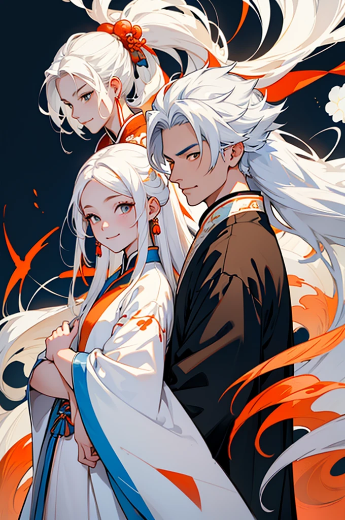 high quality , one white hair girl and one white hair boy, long hair, wuxia character, ((white clothes with blue and orange accent)), ink painting background, flat background, minimalist background, chinese wind pattern background, smiling