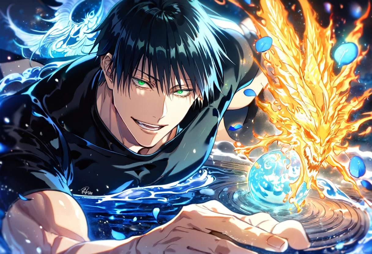 Ultra detailed, HDR, Highres, absurdres, master piece, Fushiguro Touji, black hair, expressive green eyes, Jujutsu Kaisen, handsome, sexy man, solo, black tight shirt, blue water, fantasy, magical, cursed energy, blue aura, blue petals, handsome smile, best quality, blue roses, blue fireflies, shining fireflies, blue moon, 8K