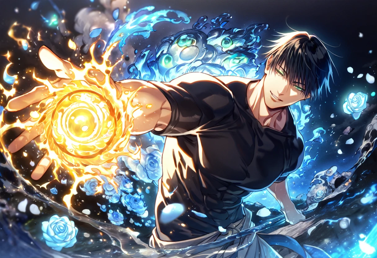 Ultra detailed, HDR, Highres, absurdres, master piece, Fushiguro Touji, black hair, expressive green eyes, Jujutsu Kaisen, handsome, sexy man, solo, black tight shirt, blue water, fantasy, magical, cursed energy, blue aura, blue petals, handsome smile, best quality, blue roses, blue fireflies, shining fireflies, blue moon, 8K