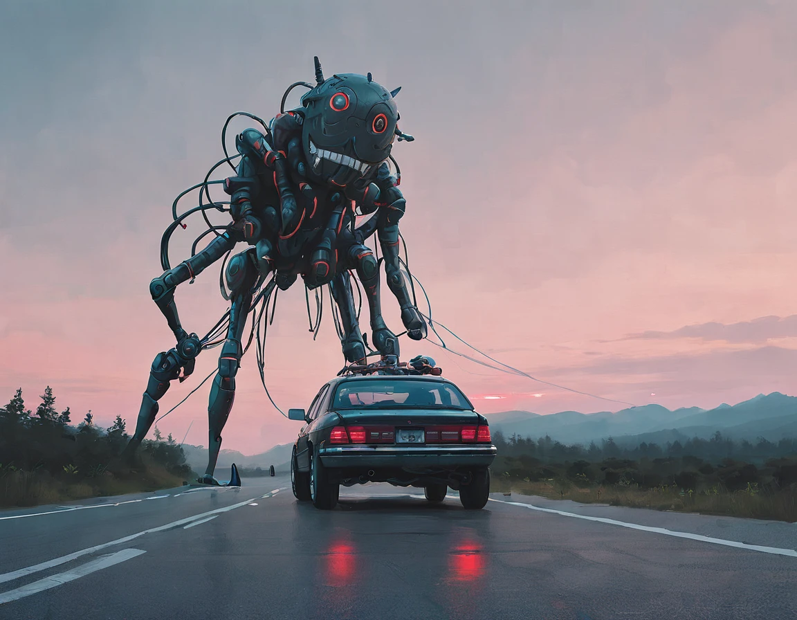 sst, road, Car with canoe, A tall mech with a toy face, wire, A tiny mecha drone with glowing red eyes々