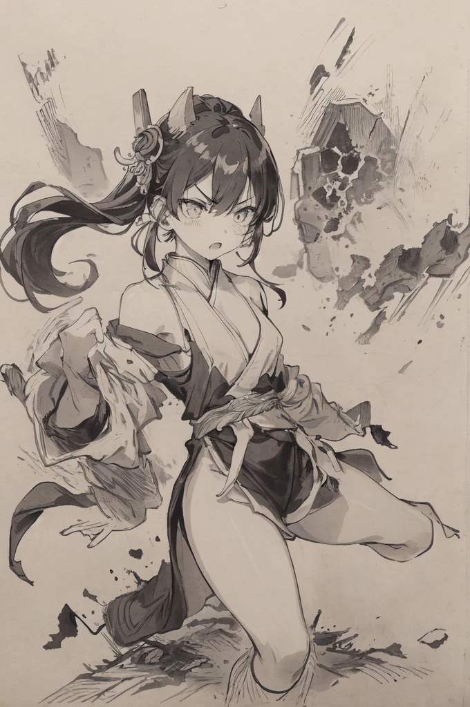 (Highest quality、High resolution、8K、masterpiece: 1.2)。A picture of a monster drawn in black ink on a concrete wall。A beautiful girl is seen smashing the concrete wall into pieces.。(1 Beautiful Girl:Kunoichi、A punch powerful enough to shatter a wall、Angry expression、Casual clothes、teeth、cheek、Dynamic punches)、Monochrome、Line art thicker、Dynamic depiction、