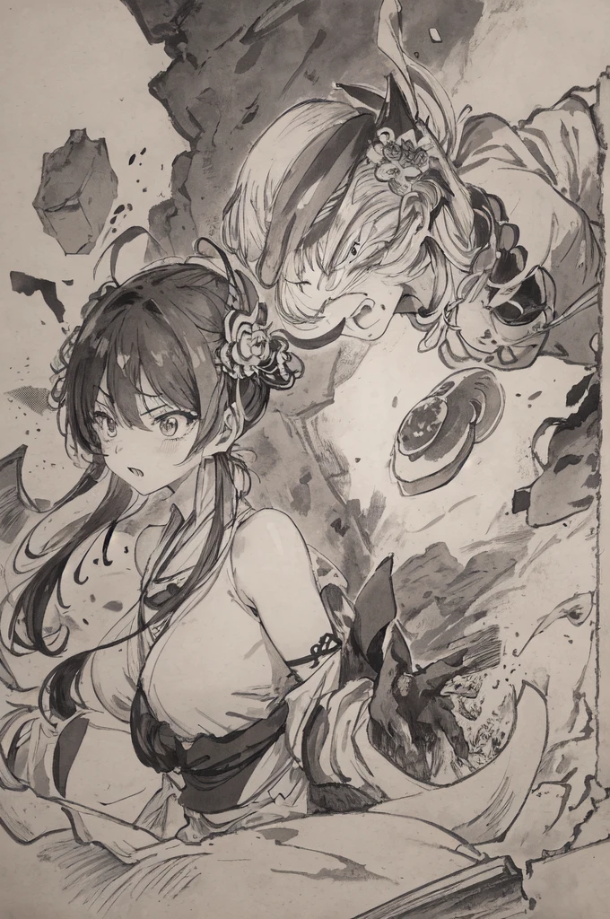 (Highest quality、High resolution、8K、masterpiece: 1.2)。A picture of a monster drawn in black ink on a concrete wall。A beautiful girl is seen smashing the concrete wall into pieces.。(1 Beautiful Girl:Kunoichi、A punch powerful enough to shatter a wall、Angry expression、Casual clothes、teeth、cheek、Dynamic punches)、Monochrome、Line art thicker、Dynamic depiction、