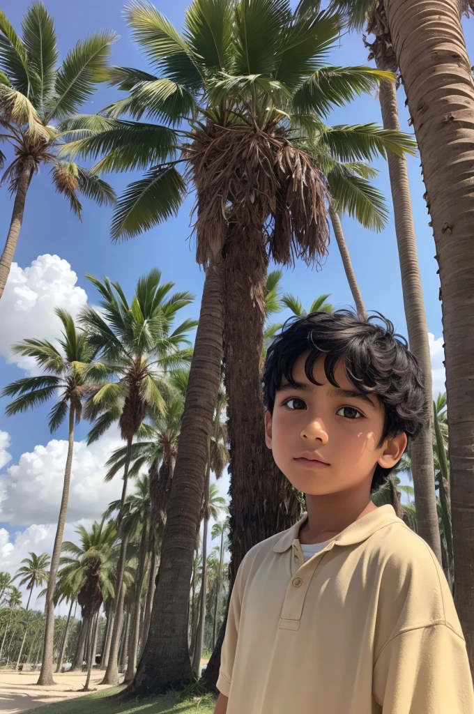 An 11-year-old brown boy with medium hair at the base of the palm trees