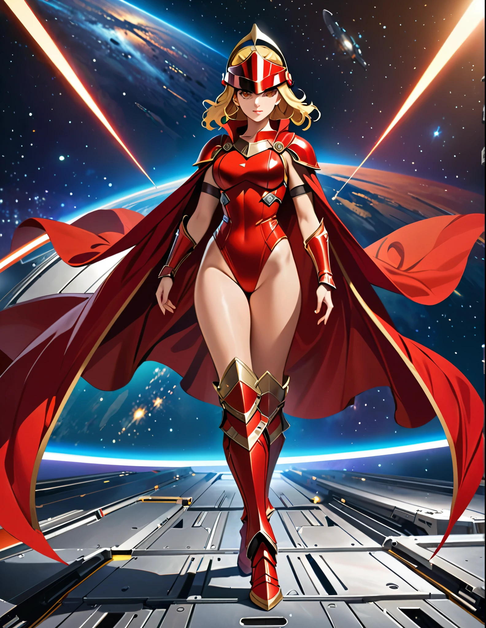 ((masterpiece)), ((best quality)), ((high res)), (dynamic villain pose), (solo, solo focus), standing, italian, (blonde hair, brown eyes), ((beautiful detailed eyes)), (a woman in a yellow and red costume and red cape), (leotard, bare legs), (roman helmet with futuristic visor, matching armored boots), (perfect hands, perfect anatomy), space backdrop, full body costume design.