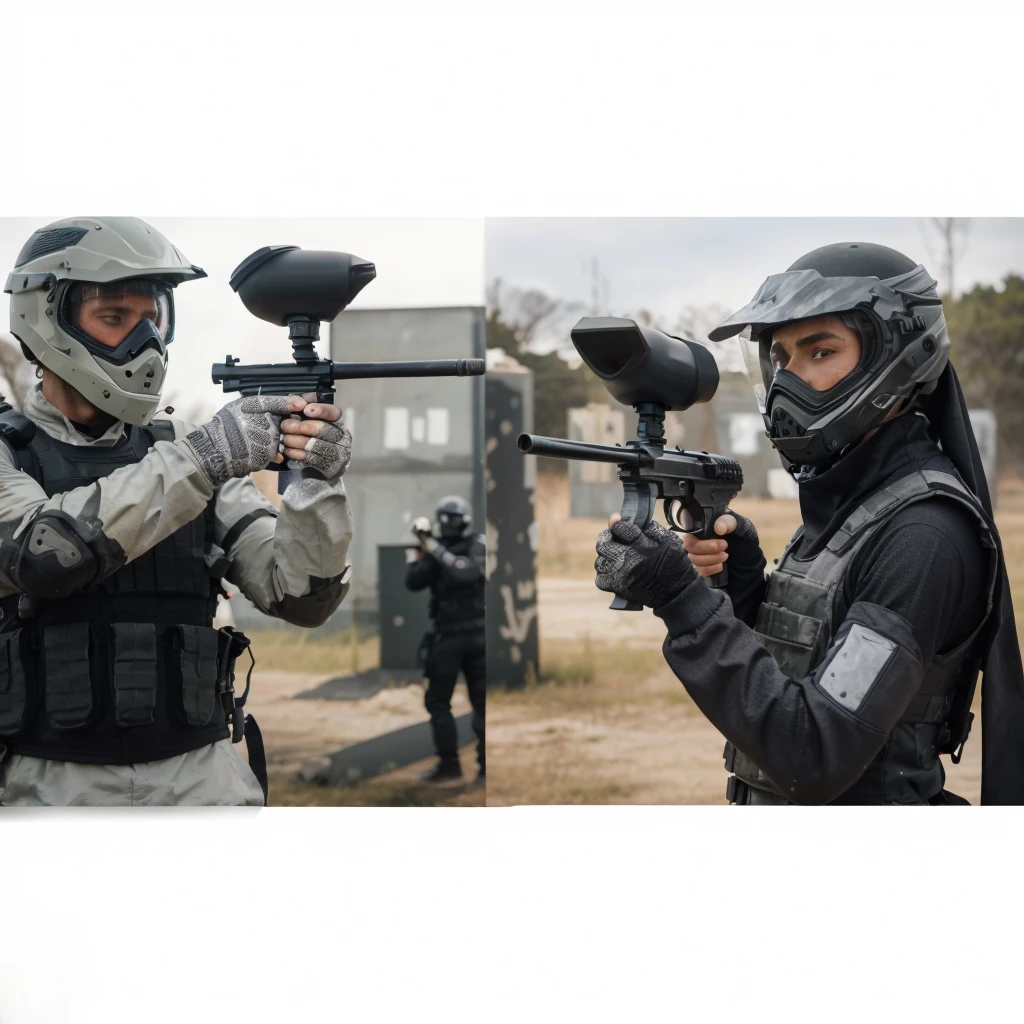 picture from the side, 30 year old man, muscular, wearing a helmet, wearing a gray long-sleeved paintball uniform, wearing a gray vest, the man is holding up a paintball marker towards the enemy in front of him, namely a woman wearing a hijab, wearing a helmet black, wearing a black paintball uniform, wearing a black vest, very epic scene where the two of them point paintball markers at each other in a match, background of the paintball field during the day, cinematic, realistic, detailed face, 4k, very detailed, intricate design