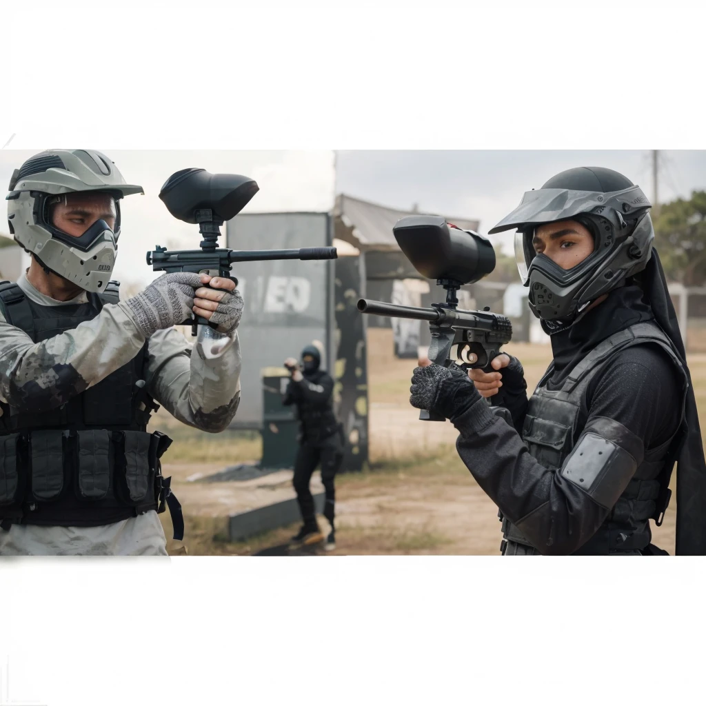 picture from the side, 30 year old man, muscular, wearing a helmet, wearing a gray long-sleeved paintball uniform, wearing a gray vest, the man is holding up a paintball marker towards the enemy in front of him, namely a woman wearing a hijab, wearing a helmet black, wearing a black paintball uniform, wearing a black vest, very epic scene where the two of them point paintball markers at each other in a match, background of the paintball field during the day, cinematic, realistic, detailed face, 4k, very detailed, intricate design