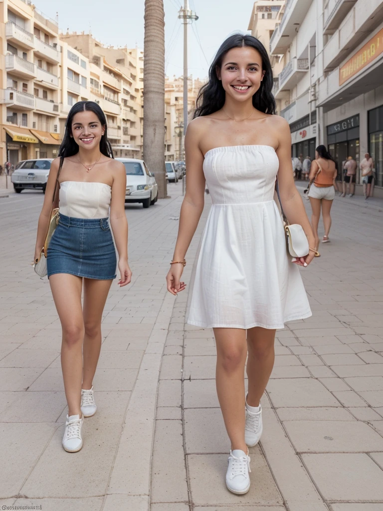 Location: Valencia, Spain Young woman black hair standing on sidewalk.
Clothes: Strapless Short Denim Dress.
accessories: Small white bag hanging on the left shoulder, watch on left wrist.
Footwear:White shoes.
The model is smiling spontaneously and naturally.
bottom: Characteristic red city bus and some people walking.