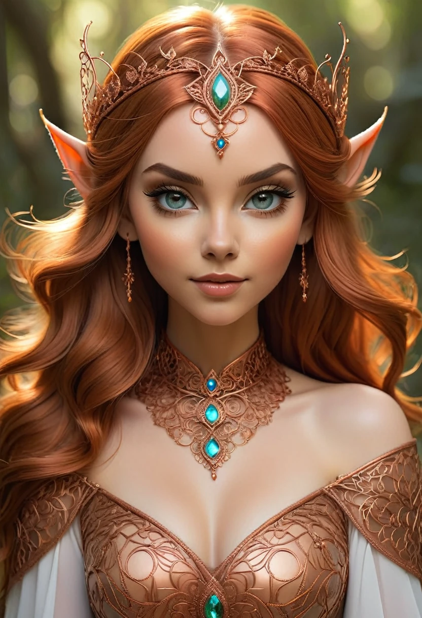 Steampunk inspired elven princess. copper wire necklaces and bangles. Crown of fine copper wire. copper coloured tatoos cover her face and body intricate and beautiful designs. LArge pointed ears that end in curlicues. Hands on hips. Ember colored eyes adorned with intricate copper wireing. a Pure white dress, hemmed with copper, covered in copper lace and filligree. cppper designs cover the skirt in a kaleidoscope of intricate copper designs. Background is magical verdant forrest. Her visage is a mesmerizing blend of Alison-Brie, Scarlett-Johansson, and Sydney Sweeney, creating a unique, symmetrical face that exudes elegance and grace. Copper colores face tattoos. Copper colored are, and chest tatoos. Cozy, romantic lighting. Cheerful smile. Copper hair that shimmers and sparkles in the lights. Hourglass figure. copper lips. copper eye shadow.