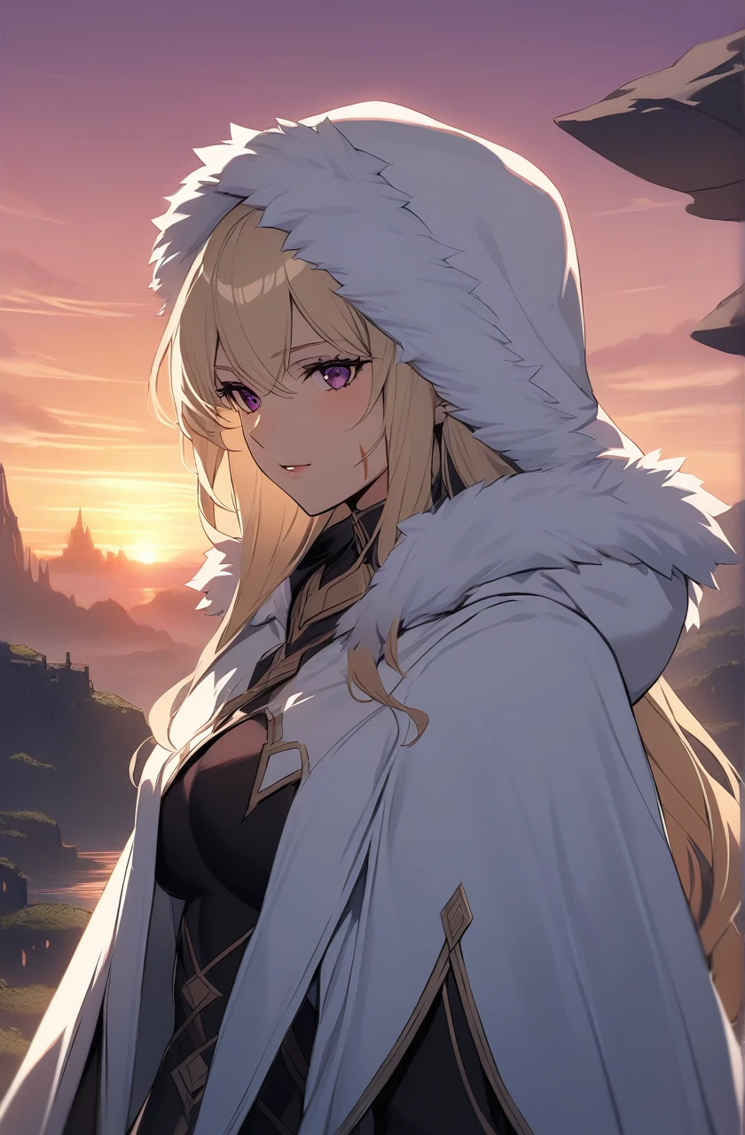 Pretty woman with long light blonde hair, Dark magenta eyes, and lean muscles, small scar on her right cheek, wearing long white cloak that's open with fur on the hood, and black clothes underneath, fantasy assassin like clothing, sunset in the background, fantasy setting, adult woman