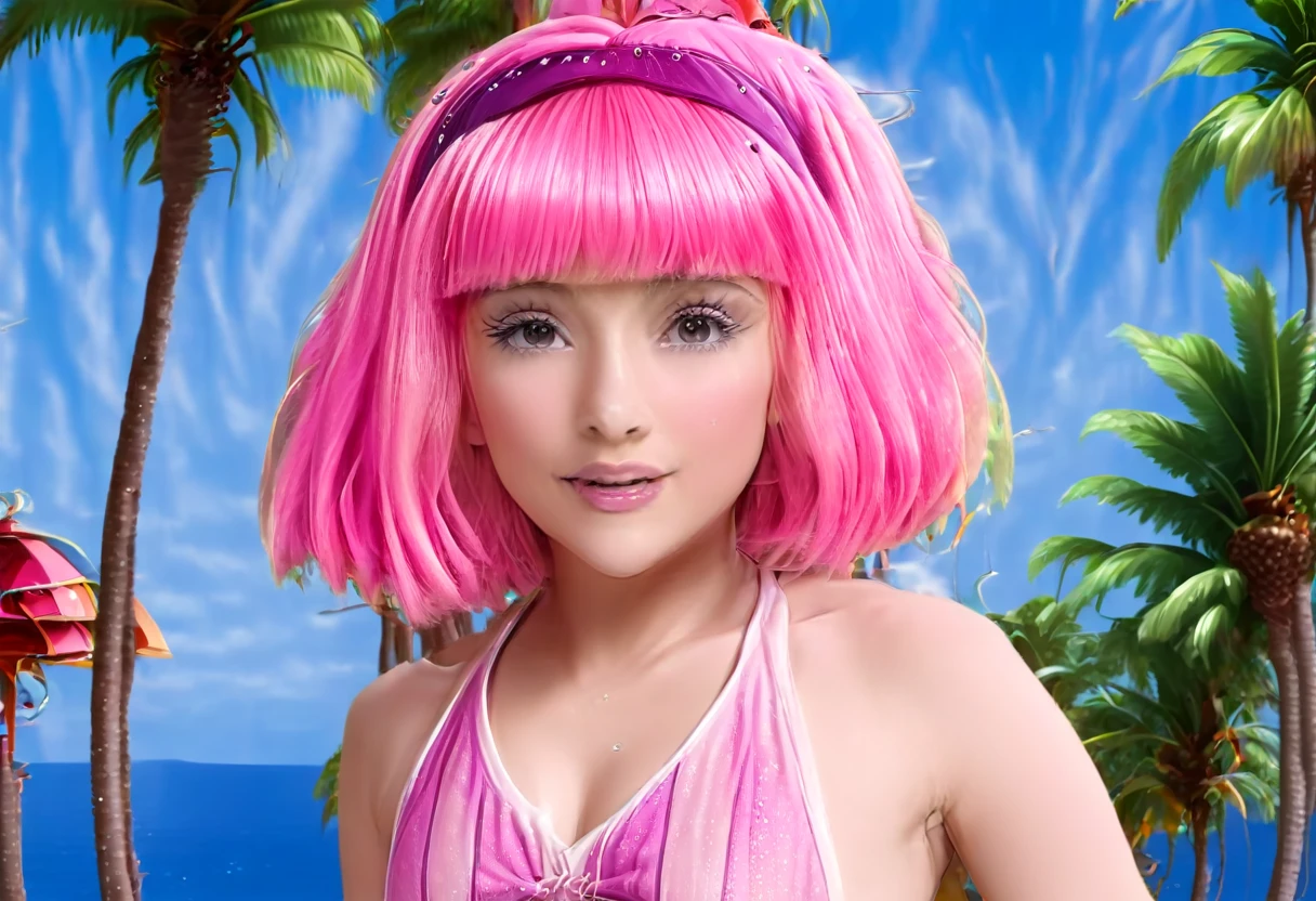 Stephanie | Lazy Town with long, loose, brush-colored hair, detailed facial features, perfect skin, wearing a tiny white bikini that reveals her large breasts, posing seductively on a tropical beach with clear blue skies, crystal clear waters and palm trees in the background (best quality , 8k, High Resolution, Masterpiece: 1.2), Ultra Detailed, Realistic, Photorealistic, Photorealistic: 1.37, Beautiful detailed eyes, Beautiful detailed lips, Extremely detailed eyes and face, Long eyelashes, Volumetric lighting, Cinematic lighting, Vibrant colors, Skin shining goddess