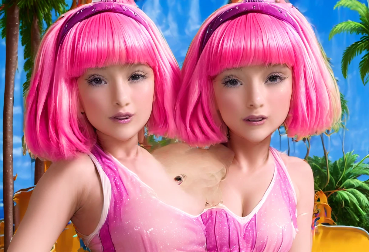 Stephanie | Lazy Town with long, loose, brush-colored hair, detailed facial features, perfect skin, wearing a tiny white bikini that reveals her large breasts, posing seductively on a tropical beach with clear blue skies, crystal clear waters and palm trees in the background (best quality , 8k, High Resolution, Masterpiece: 1.2), Ultra Detailed, Realistic, Photorealistic, Photorealistic: 1.37, Beautiful detailed eyes, Beautiful detailed lips, Extremely detailed eyes and face, Long eyelashes, Volumetric lighting, Cinematic lighting, Vibrant colors, Skin shining goddess