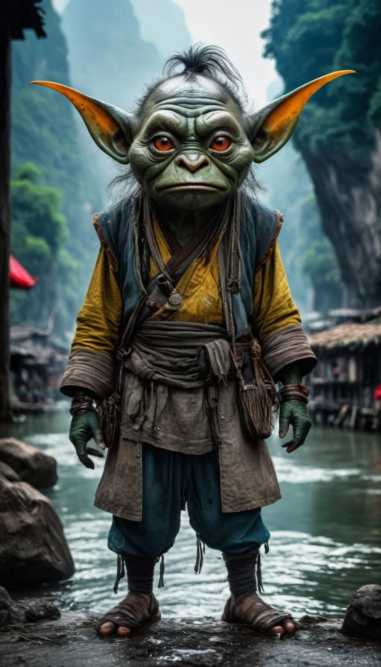 full body length shot,beggar graphite Manganite sparas, wants eat,survival in criminal city of future,Cinematic,soft colors, Technicolor,natural skin textures, hyper realism, hyper detailed,Extremely detailed,High contrast,Masterpiece,Realistic,Ultra Detailed, intricate details,realistic humid leather,extremly intricate,Epic Realistic, cinematic style,irina yermolova,high contrast,hdr,extremely detailed, [deep night landscape],masterpiece,intricate details,faded,eyes extremely detailed, high detailed eyes,16k resolution,RAW,retina, Nikon Z9,China,Songbird,orc,Li River in Guangxi Zhuang of China,tkt style, Pisces, pointed ears，perfect, ginger，transition between two art styles, Ink painting to photorealism, Double contact, X-ray, Creative, vivid light, masterpiece, fantasy, Abstract, Surrealism, super detailed, high resolution, stop:35