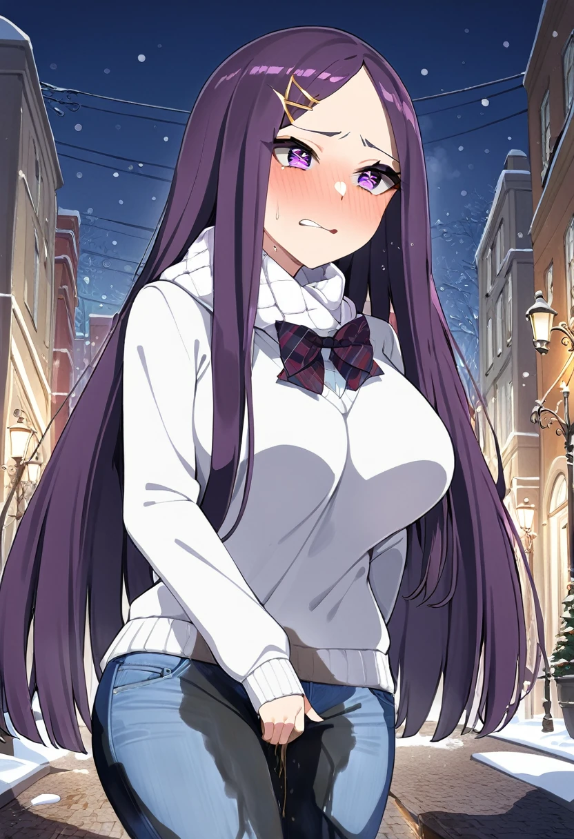 (masterpiece:1.37), best quality, (extremely detailed:1.37), (1girl:1.5), woman, (mature:1.5), (adult:1.5), large breasts, very long hair, (straight hair:1.5), (very dark purple hair:1.5), purple eyes, (extremely detailed eyes:1.37), sweater, scarf, jeans, desperation, (wetting self:1.5), standing, embarrassed, humiliation, blushing, angry, town, snowing, street, golden hour