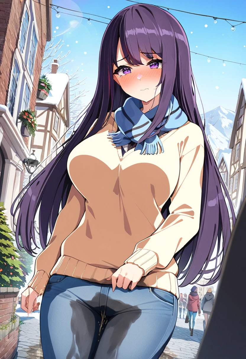 (masterpiece:1.37), best quality, (extremely detailed:1.37), (1girl:1.5), woman, (mature:1.5), (adult:1.5), large breasts, very long hair, (straight hair:1.5), (very dark purple hair:1.5), purple eyes, (extremely detailed eyes:1.37), sweater, scarf, jeans, desperation, (wetting self:1.5), standing, embarrassed, humiliation, blushing, angry, town, snowing, street, golden hour