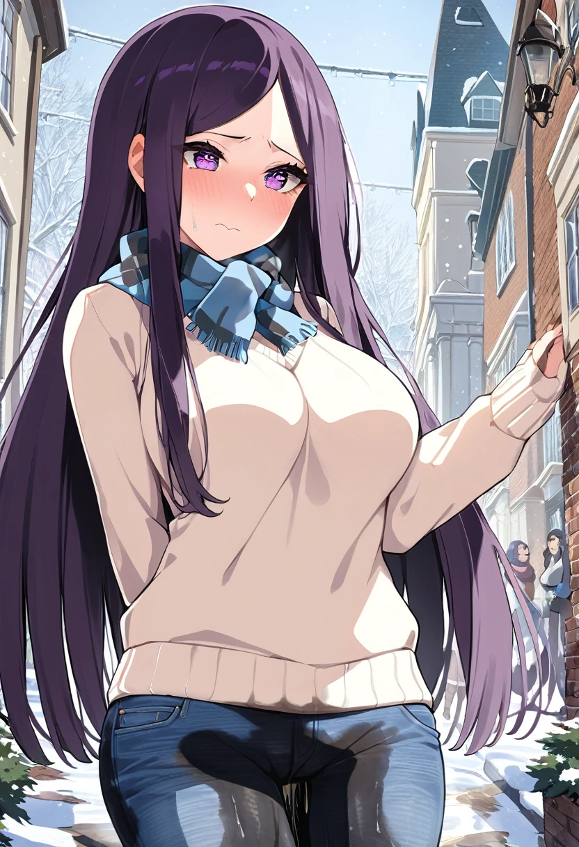 (masterpiece:1.37), best quality, (extremely detailed:1.37), (1girl:1.5), woman, (mature:1.5), (adult:1.5), large breasts, very long hair, (straight hair:1.5), (very dark purple hair:1.5), purple eyes, (extremely detailed eyes:1.37), sweater, scarf, jeans, desperation, (wetting self:1.5), standing, embarrassed, humiliation, blushing, angry, town, snowing, street, golden hour