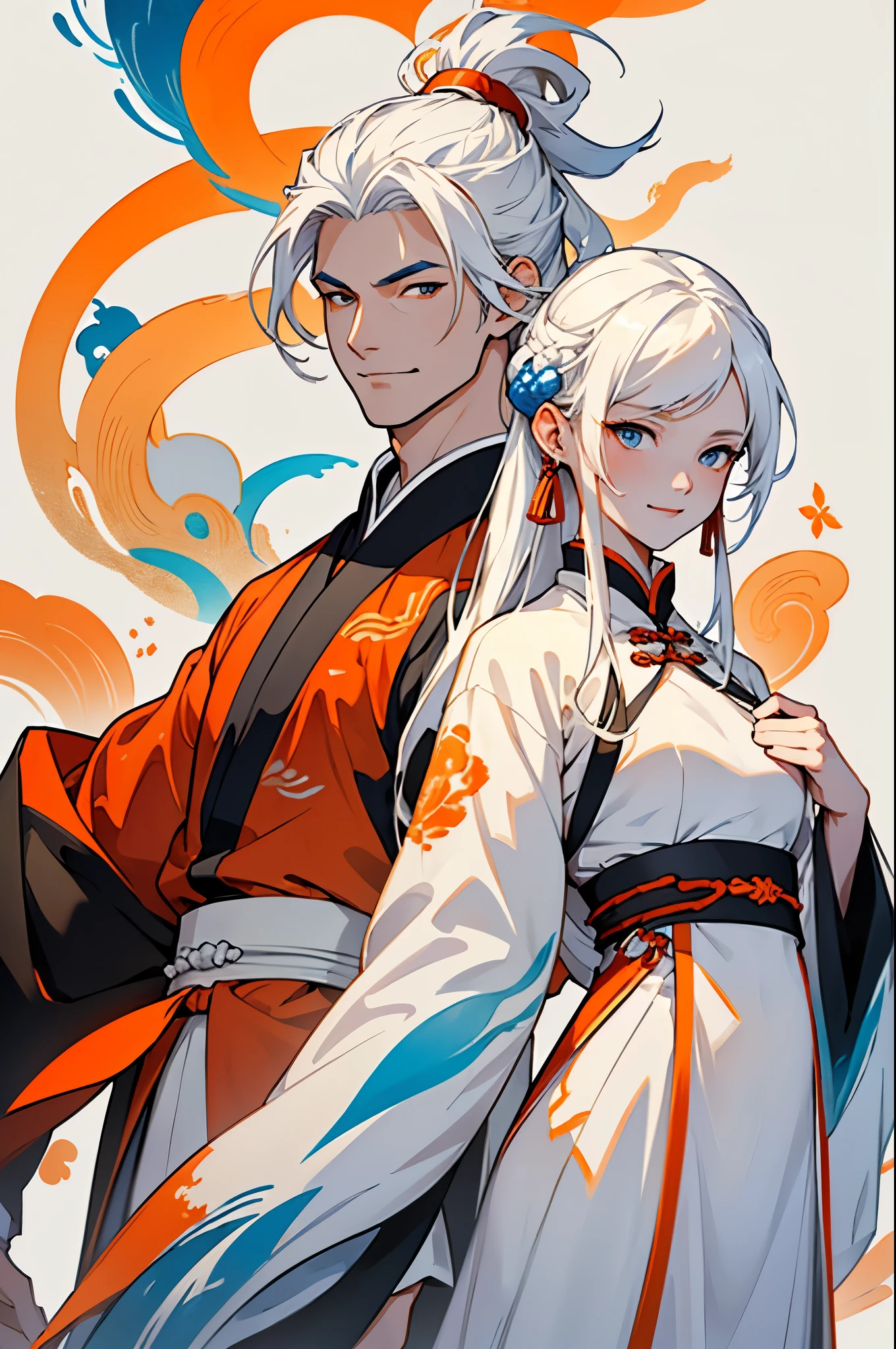 high quality , one white hair girl and one white hair boy, long hair, wuxia character, ((white clothes with blue and orange accent)), ink painting background, flat background, minimalist background, chinese wind pattern background, smiling