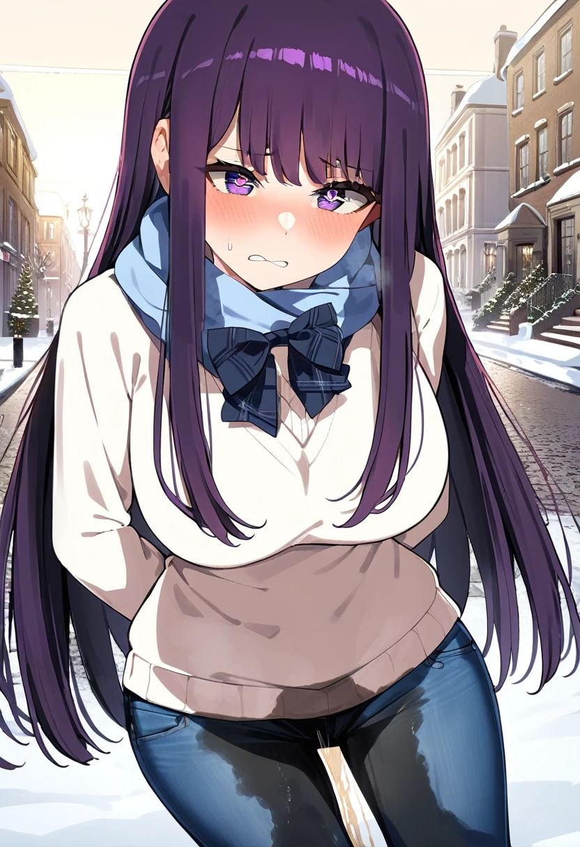 (masterpiece:1.37), best quality, (extremely detailed:1.37), (1girl:1.5), woman, (mature:1.5), (adult:1.5), large breasts, very long hair, (straight hair:1.5), (very dark purple hair:1.5), purple eyes, (extremely detailed eyes:1.37), sweater, scarf, jeans, desperation, (wetting self:1.5), standing, embarrassed, humiliation, blushing, angry, town, snowing, street, golden hour