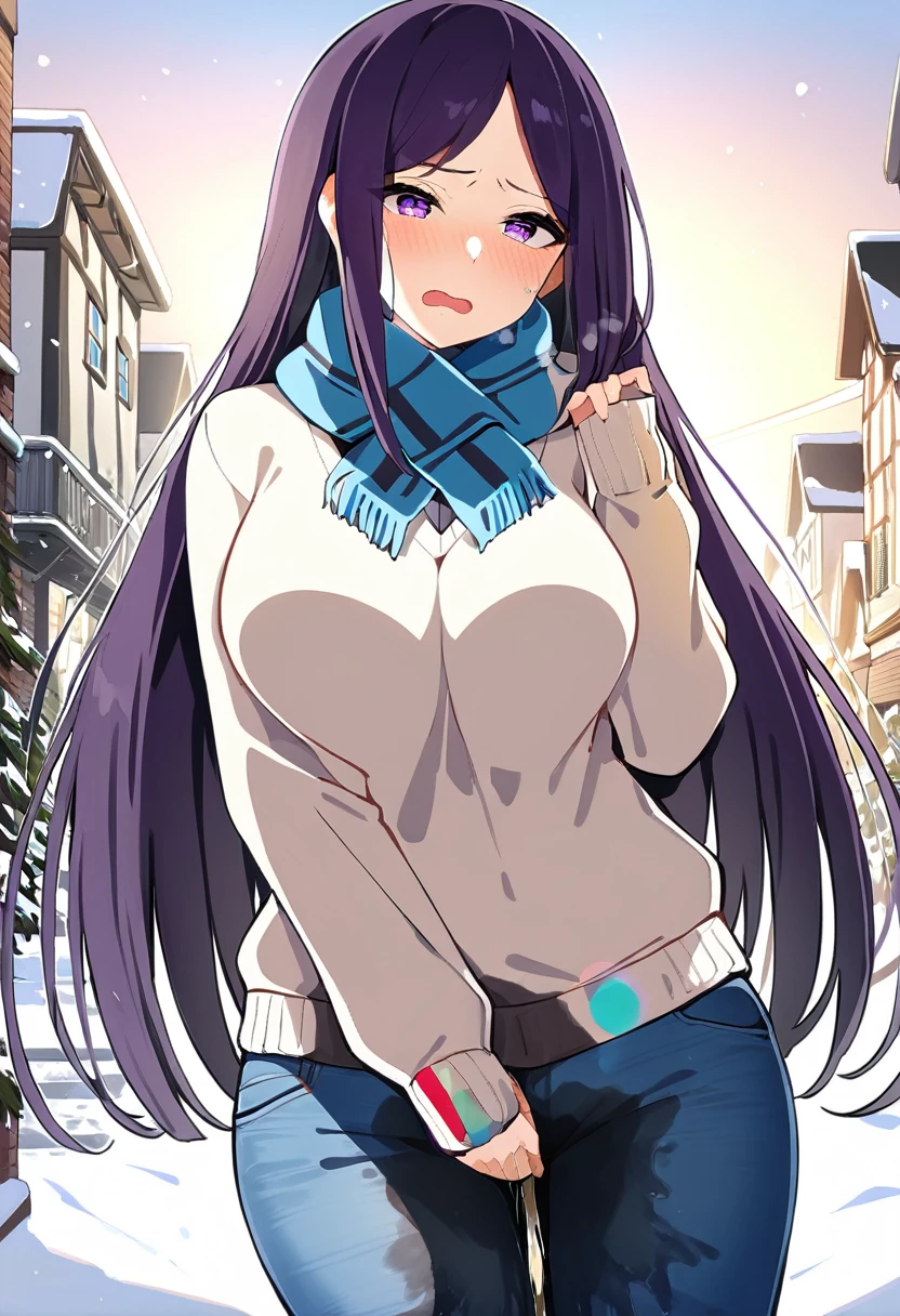(masterpiece:1.37), best quality, (extremely detailed:1.37), (1girl:1.5), woman, (mature:1.5), (adult:1.5), large breasts, very long hair, (straight hair:1.5), (very dark purple hair:1.5), purple eyes, (extremely detailed eyes:1.37), sweater, scarf, jeans, desperation, (wetting self:1.5), standing, embarrassed, humiliation, blushing, angry, town, snowing, street, golden hour