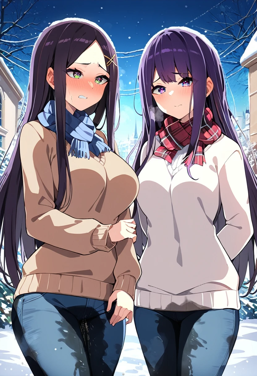 (masterpiece:1.37), best quality, (extremely detailed:1.37), (1girl:1.5), woman, (mature:1.5), (adult:1.5), large breasts, very long hair, (straight hair:1.5), (very dark purple hair:1.5), purple eyes, (extremely detailed eyes:1.37), sweater, scarf, jeans, desperation, (wetting self:1.5), standing, embarrassed, humiliation, blushing, angry, town, snowing, street, golden hour
