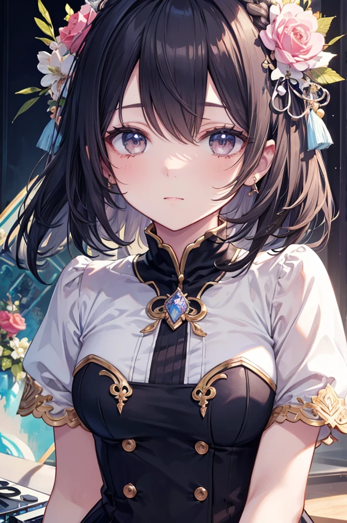 woman, Bright design, pastel colour, Drops of ink, ((masterpiece:1.3)), ((Highest quality:1.3)), ((Ultra_detailed:1.3)), DJ, Upper body close-up shot, Moving scenes