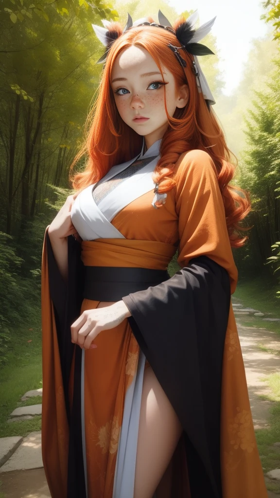 18 years old princess, striking figure, long ginger hair, wavy hairs, fair skin, (((freckles))), ((kolito)), innocent and regal appearance, expressive eyes are filled with a mix of curiosity and determination, her slender frame, elegant grace, vibrant orange kimono with white and black decorations, ornata kimono, very long ((sleeves past fingers)), sleeves past wrists, feather headdress, in a forest