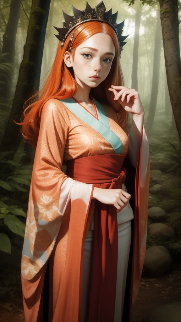 18 years old princess, striking figure, long ginger hair, wavy hairs, fair skin, (((freckles))), ((kolito)), innocent and regal appearance, expressive eyes are filled with a mix of curiosity and determination, her slender frame, elegant grace, vibrant orange kimono with white and black decorations, ornata kimono, very long ((sleeves past fingers)), sleeves past wrists, feather headdress, in a forest