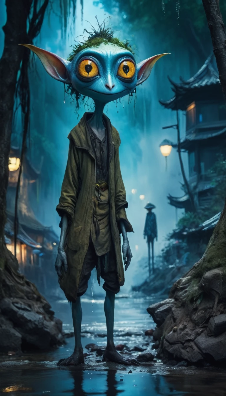 full body length shot,beggar graphite Manganite sparas, wants eat,survival in criminal city of future,cinematic,soft colors, Technicolor,natural skin textures, hyper realism, hyper detailed,Extremely detailed,High contrast,Masterpiece,Realistic,Ultra Detailed, intricate details,realistic humid leather,extremly intricate,Epic Realistic, cinematic style,irina yermolova,high contrast,hdr,extremely detailed, [deep night landscape],masterpiece,intricate details,faded,eyes extremely detailed, high detailed eyes,16k resolution,RAW,retina, nikon z9,china,Songbird,orc,Li River in Guangxi Zhuang of china,tkt-style, Pisces, pointed ears，perfect, elf，transition between two art styles, Ink painting to photorealism, Double contact, X-ray, Creative, vivid light, masterpiece, fantasy, Abstract, Surrealism, super detailed, high resolution, stop:35;wendigoбIn a Tim Burton-inspired dreamscape, Makoto Shinkai,James Gillard
**Wood Spirit (Kodama)**: The spirits that dwell in the trees、Cutting down trees is said to bring anger.。