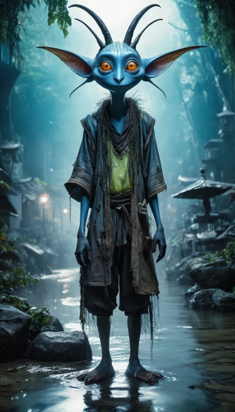 full body length shot,beggar graphite Manganite sparas, wants eat,survival in criminal city of future,cinematic,soft colors, Technicolor,natural skin textures, hyper realism, hyper detailed,Extremely detailed,High contrast,Masterpiece,Realistic,Ultra Detailed, intricate details,realistic humid leather,extremly intricate,Epic Realistic, cinematic style,irina yermolova,high contrast,hdr,extremely detailed, [deep night landscape],masterpiece,intricate details,faded,eyes extremely detailed, high detailed eyes,16k resolution,RAW,retina, nikon z9,china,Songbird,orc,Li River in Guangxi Zhuang of china,tkt-style, Pisces, pointed ears，perfect, elf，transition between two art styles, Ink painting to photorealism, Double contact, X-ray, Creative, vivid light, masterpiece, fantasy, Abstract, Surrealism, super detailed, high resolution, stop:35;wendigoбIn a Tim Burton-inspired dreamscape, Makoto Shinkai,James Gillard
**Wood Spirit (Kodama)**: The spirits that dwell in the trees、Cutting down trees is said to bring anger.。