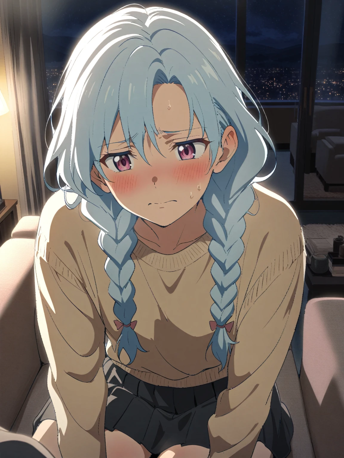 {{upper body}} {{Artist: sincos}} 1boy, mature male, light blue hair, long hair, braided hair, pink eyes, half-lidded, worried expression, soft smile, androgynous, sweater, skirt, indoors, living room, night, sitting on couch, pov