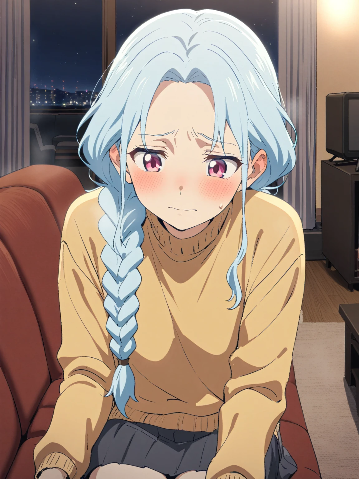 {{upper body}} {{Artist: sincos}} 1boy, mature male, light blue hair, long hair, braided hair, pink eyes, half-lidded, worried expression, soft smile, androgynous, sweater, skirt, indoors, living room, night, sitting on couch, pov