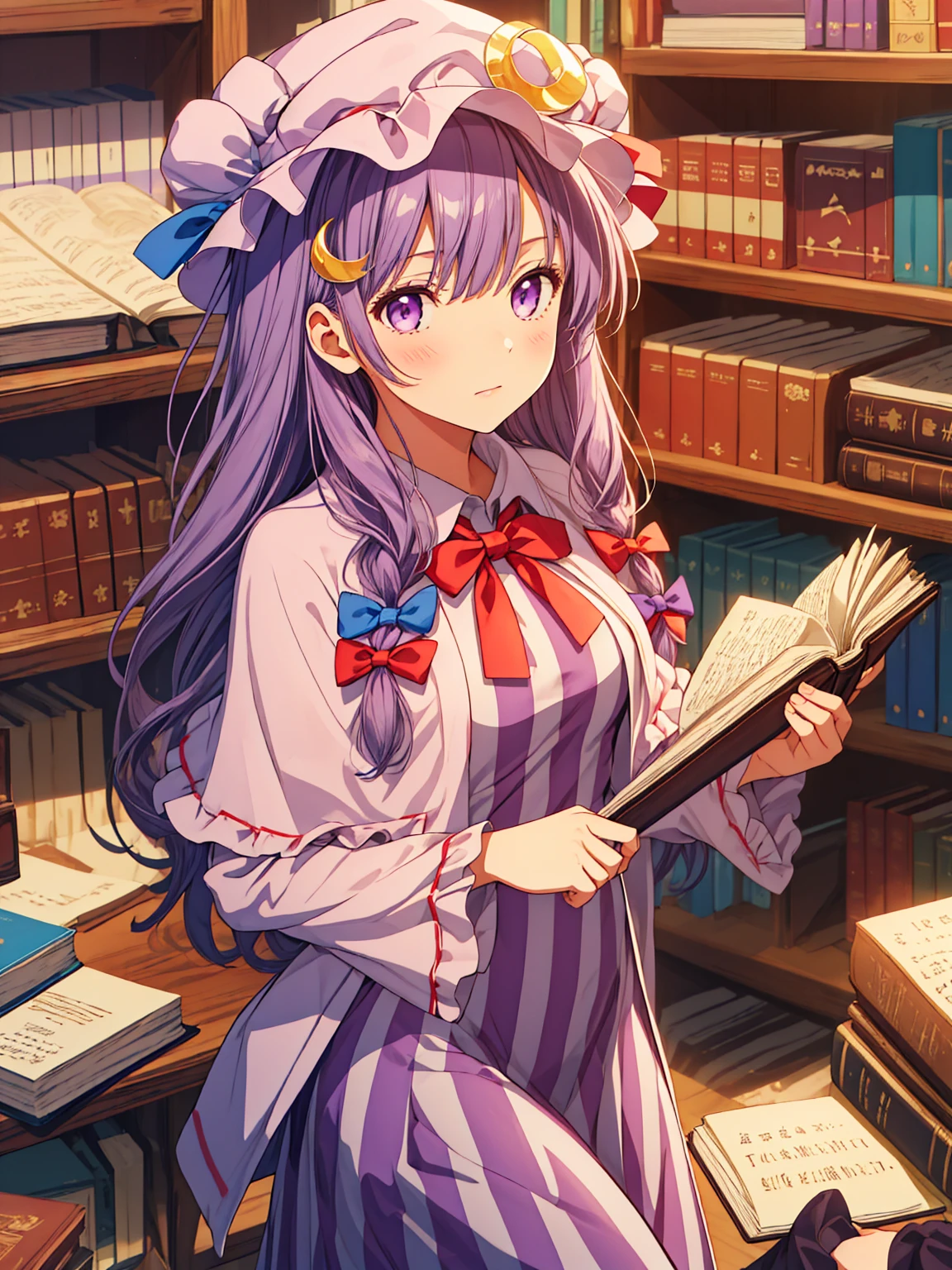 best quality, masterpiece, highres, solo, {patchouli_knowledge_touhou:1.15}, long_hair, purple_hair, crescent, purple_eyes, ribbon, hat, bow, bangs, mob_cap, hat_ornament, crescent_hat_ornament, hair_bow, red_bow, blue_bow, upper_body, book, red_ribbon, capelet, hat_ribbon, striped, very_long_hair, 1girl, blunt_bangs, dress, holding, holding_book, long_sleeves, looking_at_viewer, open_book, striped_dress, vertical-striped_dress, vertical_stripes, blue_ribbon, purple_dress, purple_headwear, sidelocks, bowtie, frills, purple_capelet, red_bowtie, sitting, wide_sleeves