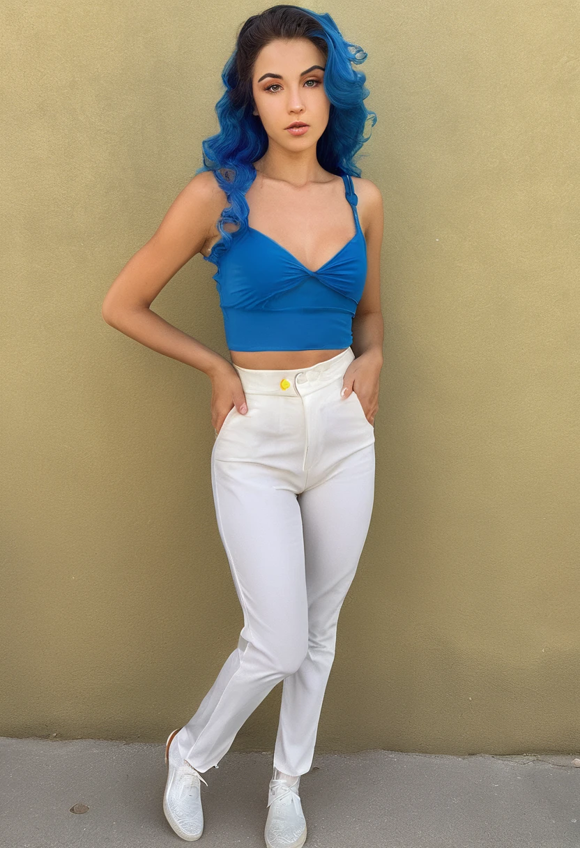 A woman with very voluminous hair, very long hair, wavy blue hair reaching down to her waist, blue eyes, thin eyebrows, with a sensual and confident look. She is wearing a tight yellow sleeveless top with thin straps that exposes her midriff, white pants without a belt, with yellow oval-shaped pendants around her waist instead of a belt. The woman is walking, looking back, looking at you.