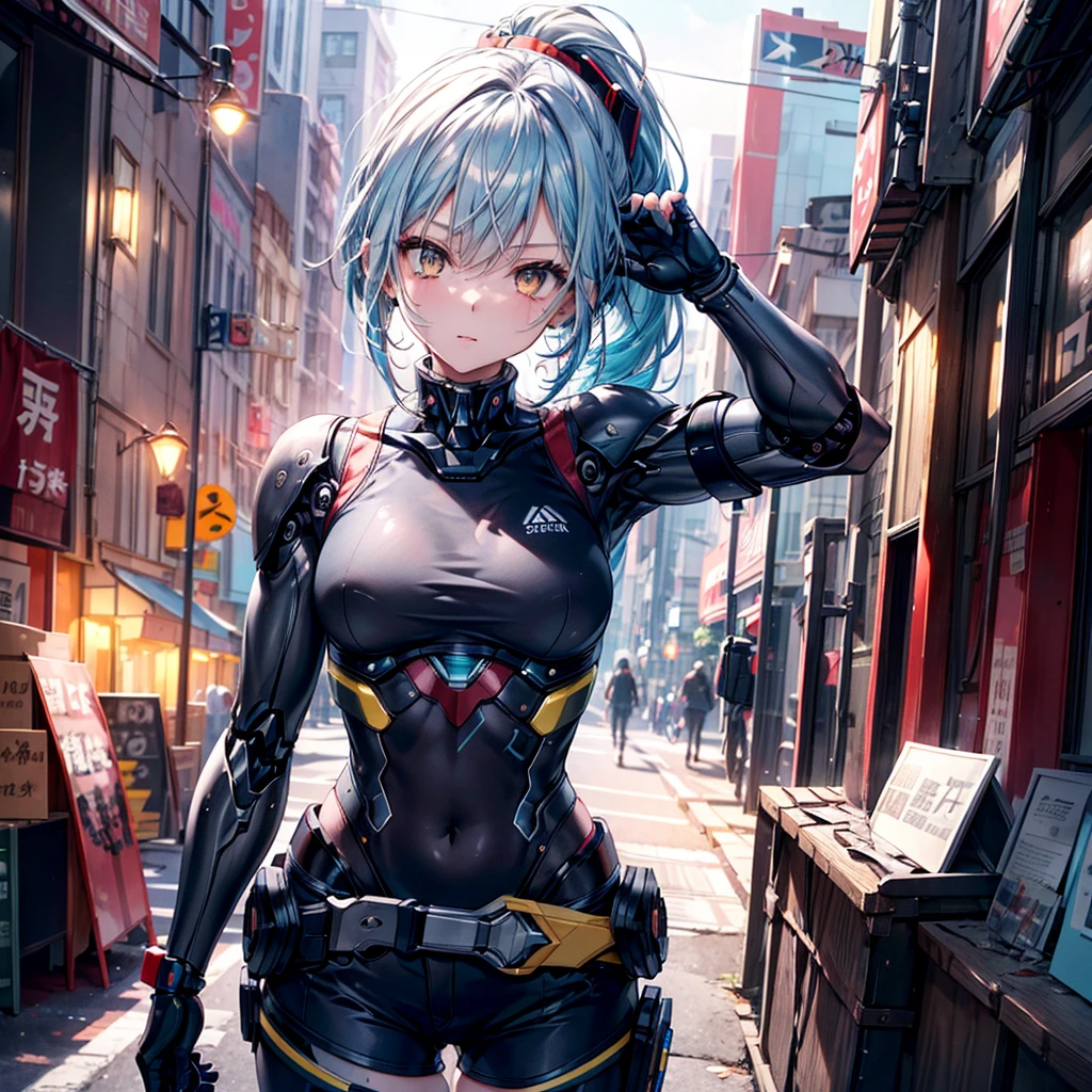 ((Highest quality,masterpiece,detailed,4K)), A girl anime character with half of her body being a cyborg. She has blue hair and yellow eyes. She is wearing a sports bra and shorts. Her profession is a mechanic. Draw her in a dynamic pose with a wrench in her hand. 1girl, 独奏, small breasts, arm up, black gloves, belt, ponytail, long hair, gray sky, rain, blurry background, looking at viewer, (mecha)