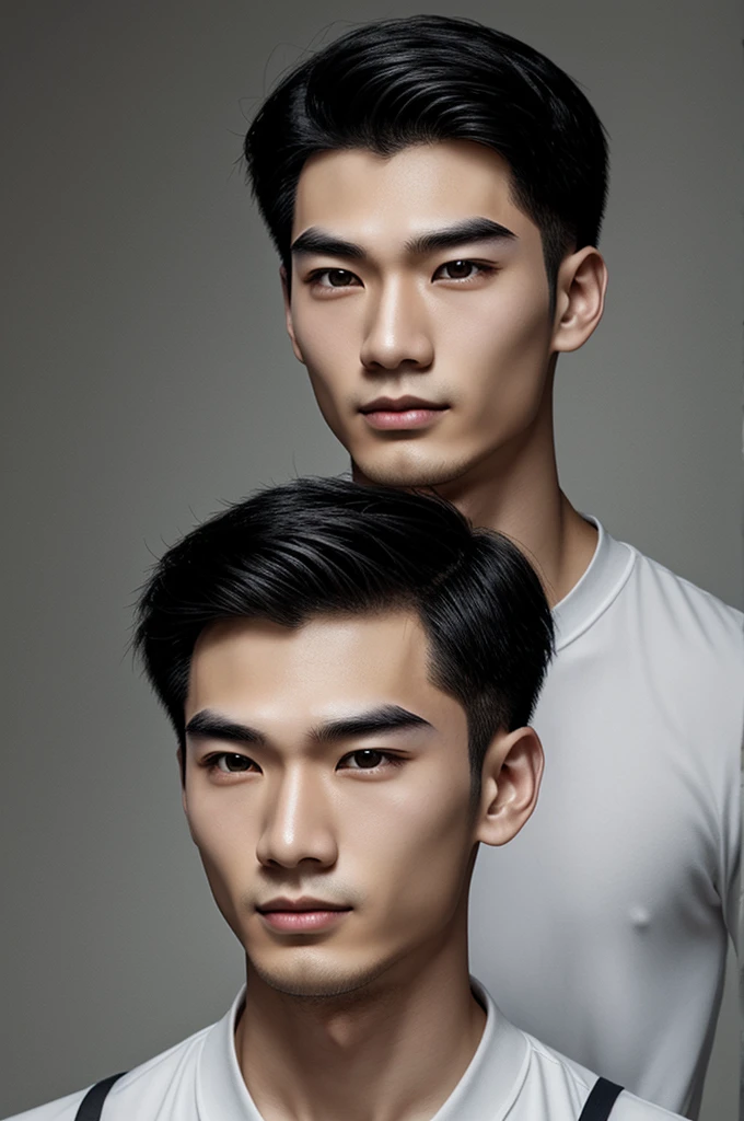 create a 2D character, 23 year old man, Asian, with striking cheekbones, vibrating nose, expressionless and dark eyes, pale face that conveys innocence and confidence, eyebrows that convey wisdom, thinning hair