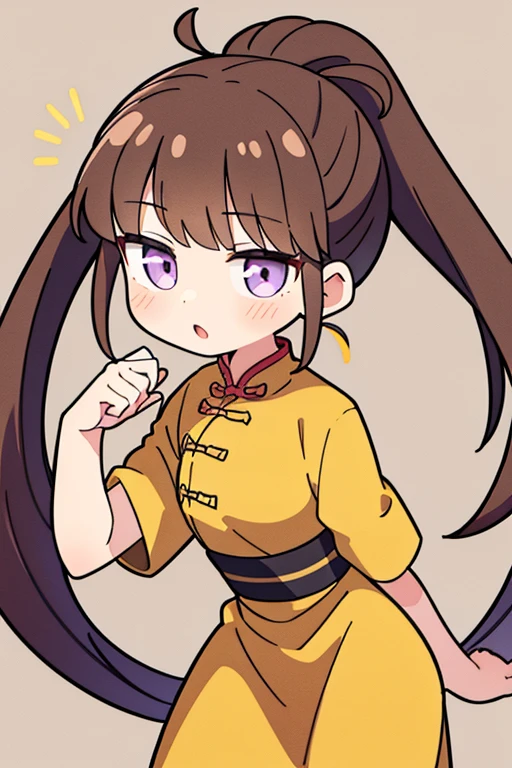 ( Best Quality, ancient china, A girl, long yellow chinese dress), long hair tied in a ponytail, Brown hair, tender lilac eyes, short sleeves
