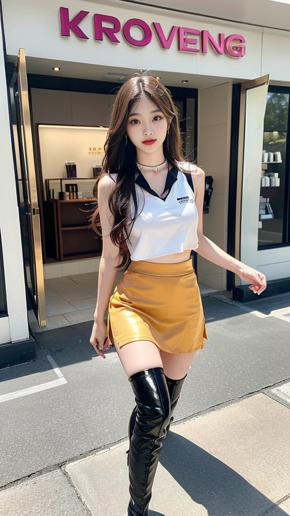 (((random composition : 1.2))), (realistic), (intricate details:1.2), (masterpiece、:1.3), (top quality:1.4), (Ultra A high resolution:1.2), Ultra A high resolution, 8K resolution, very detailed expression, (high quality), complete anatomy, natural anatomy, (full body photo:1.2), (1 korean girl), (In front of a cosmetics store's enterance :1.4), (She is promoting her new opening store.:1.5), (she Dancing femininely and sexyly : 1.4),(wearing in ear a microphone),(she doing promotional narration with mic while dancing K-pop..:1.4), (Event girl dispatched for business promotion purposes : 1.6), she is 21 years old, (she is korean:1.6), (beautiful : 1.4), (brightly colored hair), (She is Narrator model : 1.4), (She is Companion : 1.4),(She is event assistant : 1.4), (big earrings), (in-ear microphone : 1.4), heavy makeup, cheerful expression, choker necklace, long legs, (The girl is wearing a slim, sleeveless racing girl uniform and a tight, shiny miniskirt. : 1.4), (She is wearing flesh-colored shiny pantyhose under her skirt and white overknee boots. :1.4), glowing skin, passionate promotional model, friendly smile, (Making eye contact with each other :1.4), kidney practitioner, multiple wreaths, event roulette, signboard, woofer speakers, performance equipment, event product promotion, Lots of people passing by on the street and paying attention to her., In front of the shopping mall in crowed